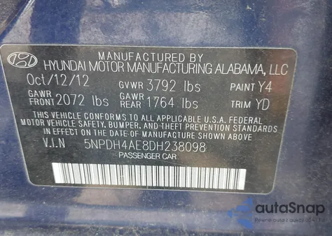 2013 Hyundai Elantra Gls из США, поврежденный, VIN 5NPDH4AE8DH238098